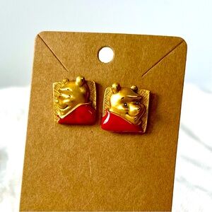 Vintage Disney Pooh Earrings, Red Enamel on Satin Finish Gold Plate Square Studs